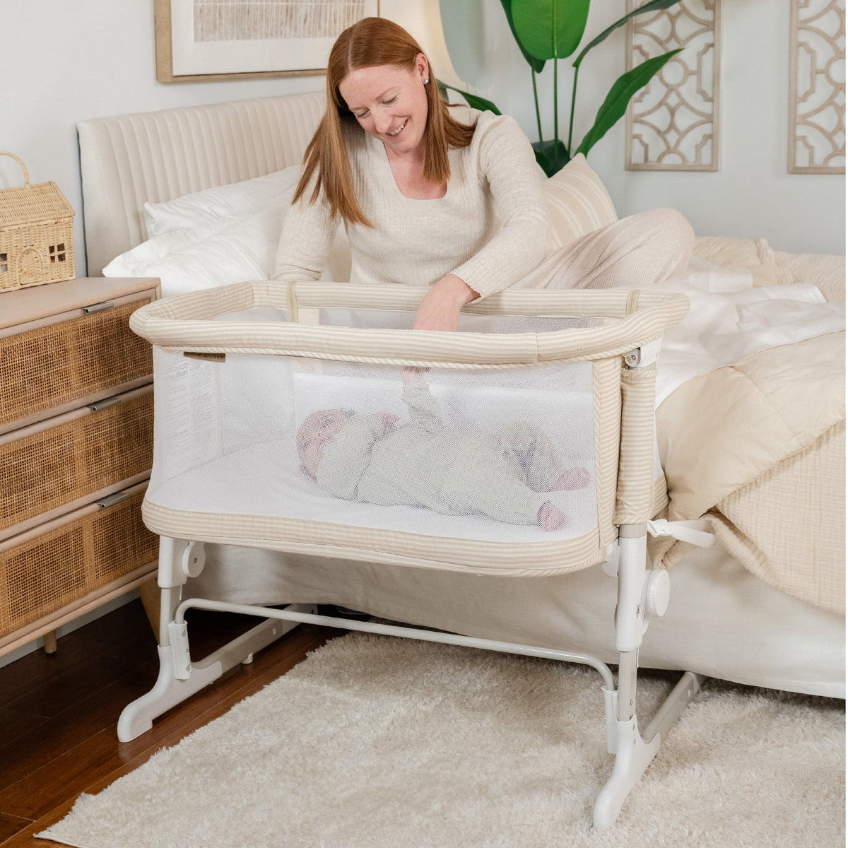 Lit cododo bébé réglable effet lin – Beige rayé - Le Coin Bébé