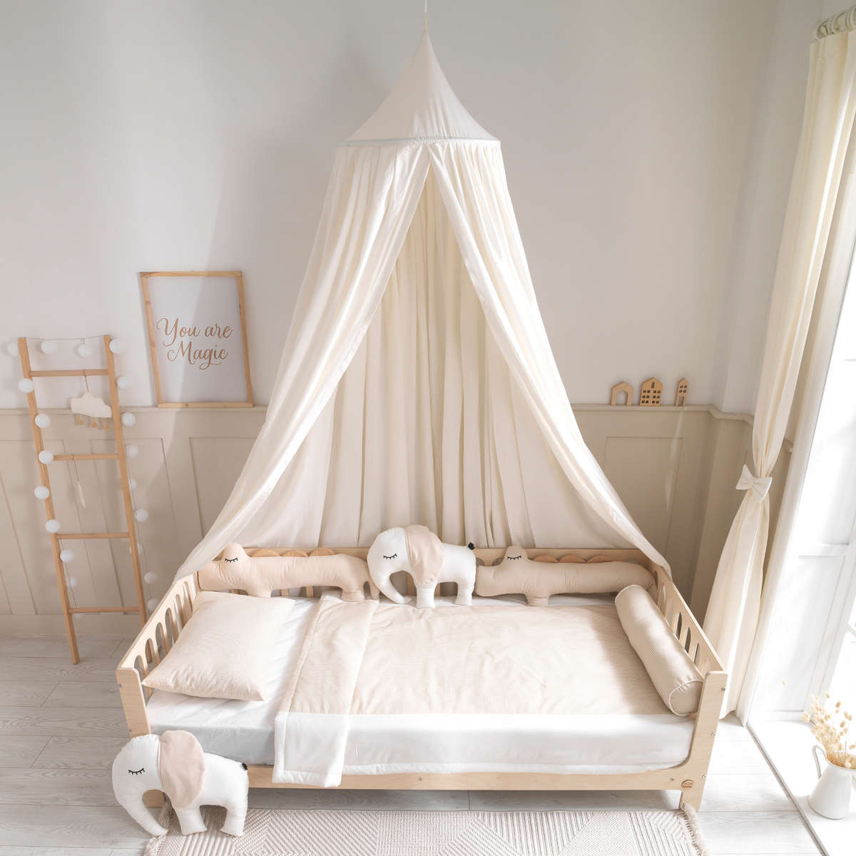 White Montessori Bedding Canopy and Sleep Set